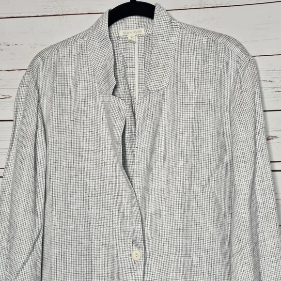 Eileen Fisher Check Print Slub Linen Notched Collar Long Jacket - Picture 3 of 10